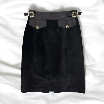 Black Leather Suede Pencil Skirt 90s Glam Retro Side Buckles Western Chic Size 6 - Image 1 of 4