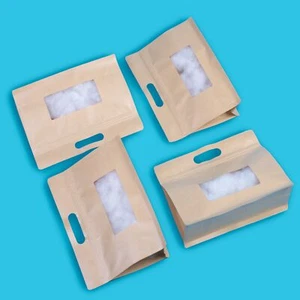 50 bolsas de embalaje con mango de papel Kraft con refuerzo lateral bolsa de ventana transparente - Imagen 1 de 8