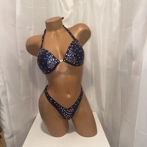 NPC competition FIGURE posing suit BLACK / Blue 34c Cup Med Bottom - Picture 1 of 5