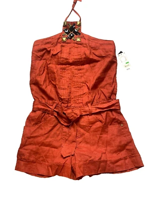XOXO Romper Womens Large Rust Embellished Halter Shorts Linen Boho Ladies NWT - Image 1 of 4