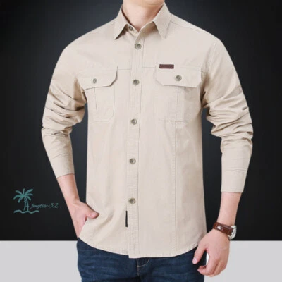 2024 Ropa de Trabajo Camisa Manga Larga Hombres Algodón Lavado Primavera Otoño Color Sólido Nueva Foto 1 de 4