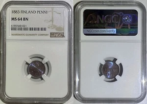 Finland 1883 Penni Copper BUNC Coin Fully Mint chocolate lusters NGC MS64BN Km10 - Picture 1 of 1