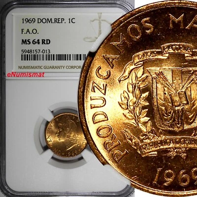 Dominican Republic Bronze 1969 1 Centavo NGC 64 RD F.A.O. RED TONING KM# 32 (13) - Image 1 of 4
