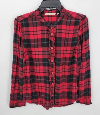 Soft Surroundings Top Womens PM Red Black Plaid Long Sleeve Ruffled Equestrian - Image 1 of 4