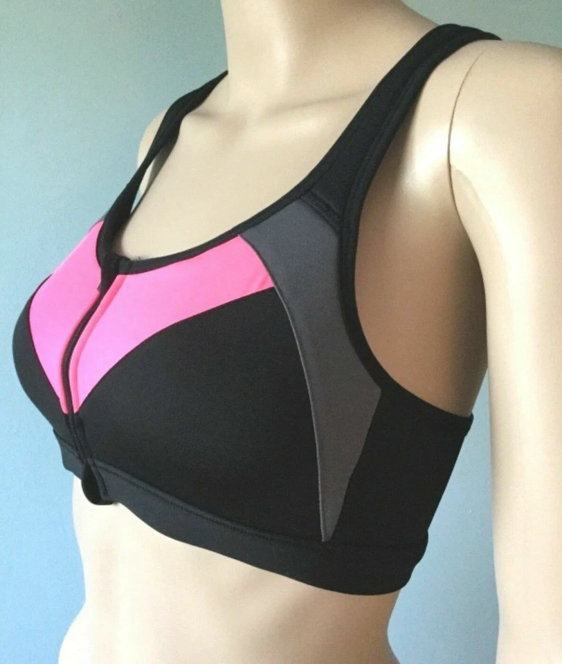 Women's Bra Zip Front Sports Athletic Yoga Gym Black Pink Gray Size M Sleeveless - Image 1 of 4