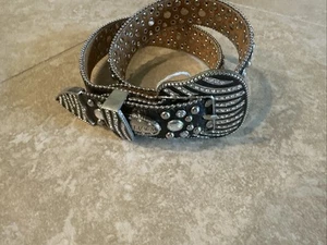 Kids Ostrich Print Real Leather Belt With Rhinestone Buckle Black - Picture 1 of 3