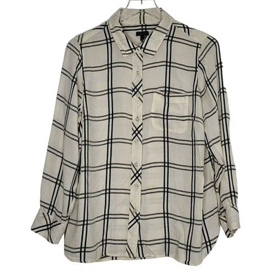 Talbots Button Up Windowpane Shirt 1X Petite Ivory Black Long Sleeve Classic - Image 1 of 4