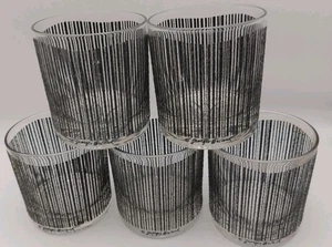 Set of 5 Georges Briard Signed Rocks Glasses Black Pinstripe MCM Cloudy Bases - Picture 1 of 6