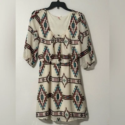 Vestido Boho Southwestern Crema Verde Azulado Borgoña Geométrico Cintura Elástica - Talla L Foto 1 de 4