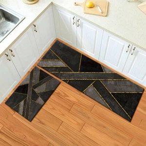 Black Gold Geometric Pattern Kitchen Mat Carpet Kid Bedroom Floor Area Rugs - Picture 1 of 14