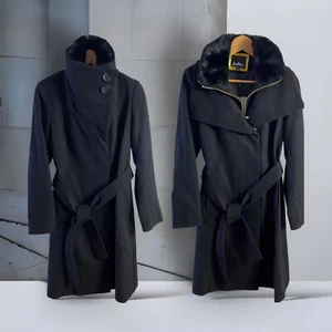 Sam Edelman Zip Bib Black Faux Fur Offset Collar Wool Blend Coat Womens SZ 4 - Picture 1 of 9