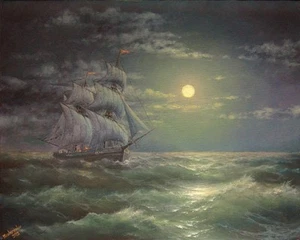 274- 11"x 14" GALLERY WRAP CANVAS ARTIST PRINT SEASCAPE Night Sea Moon Sail Ship - Picture 1 of 5
