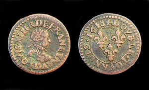 Double Tournois 1618 D (Lyon) Louis XIII° Buste Enfantin. TTB. Cuivre - Picture 1 of 1