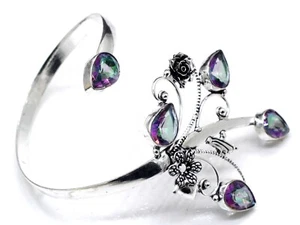925 Sterling Silver Mystic Topaz Gemstone Jewelry Cuff Bracelet Size-ADJ - Picture 1 of 8