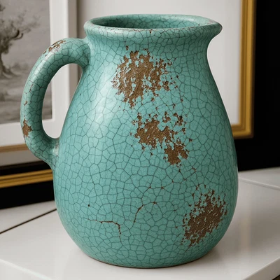 Hochwertiger Krug Keramik Kanne hellblau Vase Used Look Dekovase Shabby Chic - Bild 1 von 4