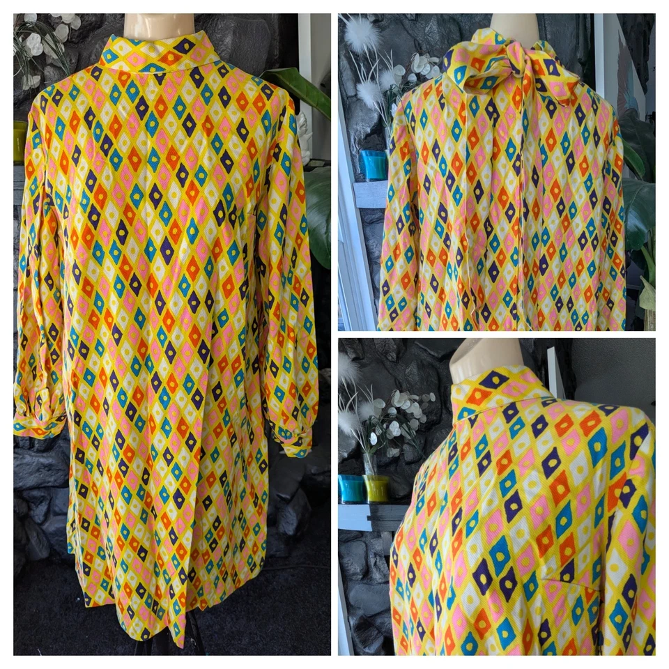 Vestido De Colección Años 60 70 Amarillo Mod Columpio Hecho a Mano Cuello Lazo Mini Hippie L/XL Abstracto Foto 1 de 4