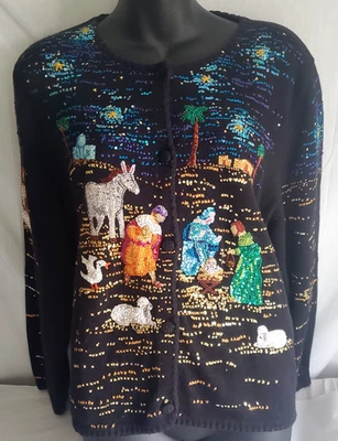 Michael Simon Beaded Nativity Christmas Sweater Cardigan Holiday Sequin 2002 - Image 1 of 4