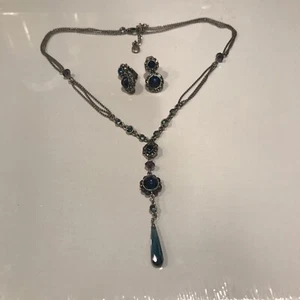 Vintage LC Liz Claiborne Multi Chain Necklace/Earrings set Cobalt Blue Stone  - Picture 1 of 11