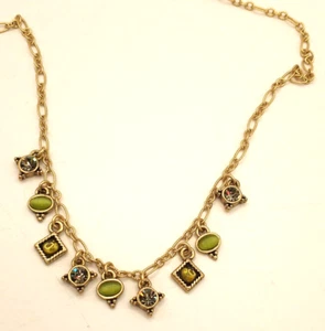Dainty Lia Sophia Necklace with Cabochon green Stones and Gold Rhinestones - Picture 1 of 11