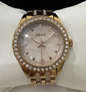 Relic Watch Gold Tone Mother Of Pearl Rhinestones Crystals Womens New Battery - Picture 1 of 6