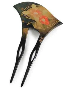 Japanese Kanzashi Hairpin Black Camellia Bachi Style 2-Prong Hair Accessory かんざし - Picture 1 of 5