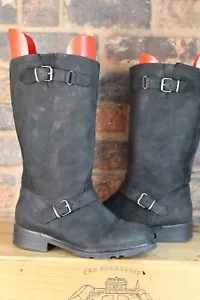 BLACK NUBUCK LEATHER PULL ON BIKER BOOTS SIZE 5 / 38 BY OVYE GOOD USED CON - Foto 1 di 10