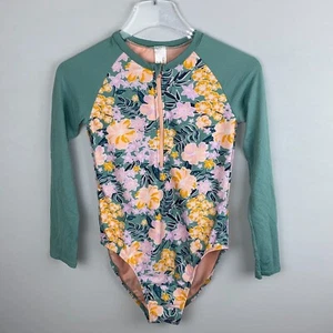 Cat & Jack Girls Muted Green Floral Zipper Swim Swimming Bathing Suit XL 14 16 - Picture 1 of 7