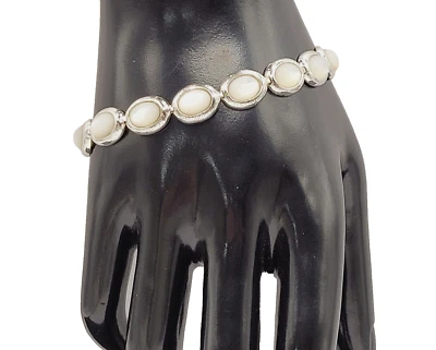 Pulsera de eslabones de piedra lunar chapada en plata 925 vintage FAS 7,25 pulgadas diseños por FMC Foto 1 de 4