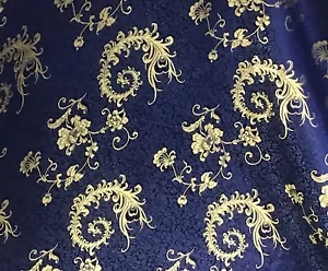 Blue Gold Brocade Fabric 54” Width Sold By The Yard - Picture 1 of 3