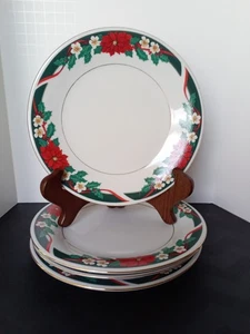 Menge 4 Vintage Tienshan DECK THE HALLS Salatteller 7 1/2" Weihnachtsstern Goldrand - Bild 1 von 5