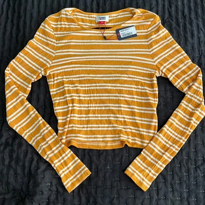 Blusa Tommy Jeans Feminina Listrada Manga Longa XS Amarelo Mostarda com nervuras OpenBackNova Com Etiqueta - Imagem 1 de 4