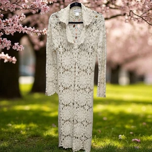 Vintage Newport News Crotched Cardigan Duster Womens Small Beige Cottagecore 70s - Picture 1 of 7