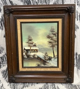 Vintage 80s Framed Oil Painting Art Winter Scene House Signed V. Bell - Picture 1 of 11