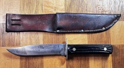 Cuchillo de hoja fija vintage Utica “Sportsman” 5” con funda de cuero EE. UU. Foto 1 de 4