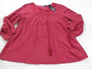 Agnes Orinda Womens Shirt 2X Red Long Sleeve V Neck Trim Tassel Blouse New Rayon - Picture 1 of 11