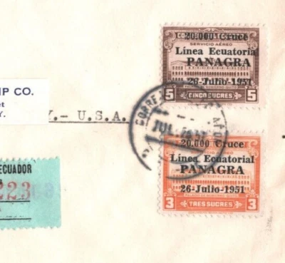 ECUADOR FDC Air Mail PANAM/PANAGRA Quito Registered USA NY 1951 {samwells}MAX36 - Image 1 of 4