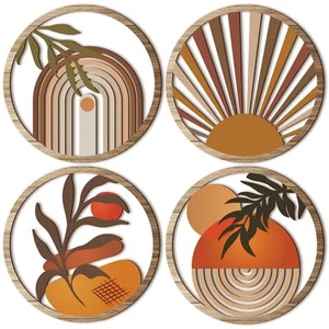 4 Pieces Boho Wall Art: Wooden Geometric Hanging Decor, 10" for Bedroom - Picture 1 of 7
