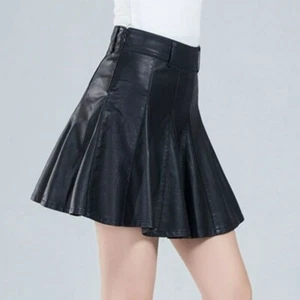 Women Faux Leather Pleated Skirt PU A-line Casual Frill Skater Frill - Picture 1 of 14