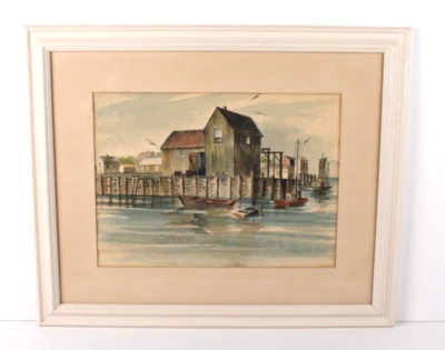 Pintura acuarela costera muelle barco Nueva Inglaterra firmada Piersol 55 Foto 1 de 4