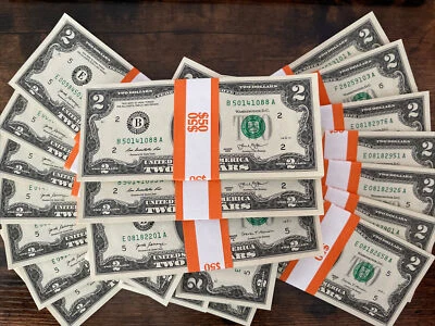 LOT OF 25 TWO DOLLAR $2 Notes UNC-CU from BEP STACK from BRICK + BONUS BILL - Image 1 of 4
