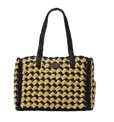 New Kate Spade Bag New York High Tide Crochet Raffia Medium Tote Black Handbag - Image 1 of 4