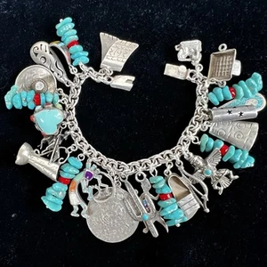 Vintage Southwest Sterling 925 Silver Kokopelli Turquoise Charm Bracelet 81.6 G - Picture 1 of 19
