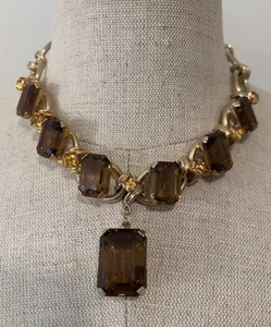 Vintage HENKEL & GROSSE Topaz Tone Unfoiled Rhinestone Pendant Necklace - RUNWAY - Picture 1 of 14