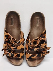 Schutz Sandals Sz 8 Fuzzy Leopard Print Adjustable Comfort Women's Slide On - Picture 1 of 9