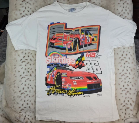 Vintage 1998 Ernie Irvan Skittles #36 MB2 Moto Double Sided T-Shirt Nascar Cover