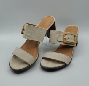 Tommy Bahama Sandals Sz 7M Women Tan / Beige Buckle Trista Linen Block Heel Shoe - Picture 1 of 12