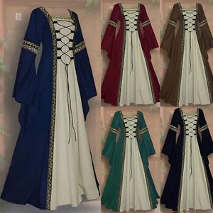 Medieval Court Robes Square Neck Flared Sleeve Long Dress Stage Performace Suit - Picture 1 of 21