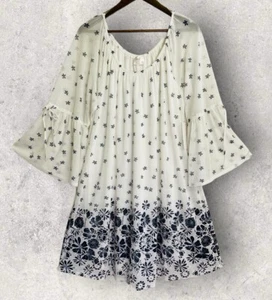 Siren Lily Dress Womens 2X White & Blue Floral Long Flare Sleeves Knee Length - Picture 1 of 9