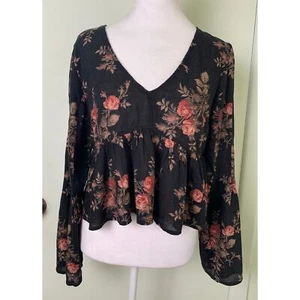 DENIM & SUPPLY Ralph Lauren Black Floral Rose V-Neck  Top Women's M - Picture 1 of 9