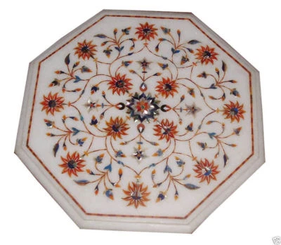 12" White Marble Side Coffee Table Top Marquetry Floral Inlay - Image 1 of 3